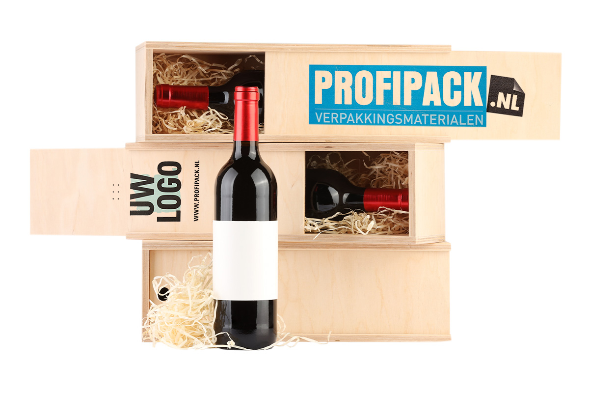 Wijnkist 1-fles met schuifdeksel bedrukt - 340 x 95 x 85mm 