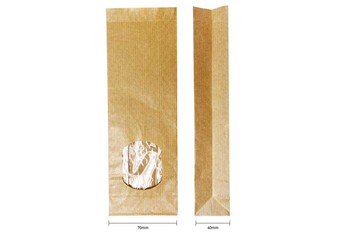 Blokbodemzakken kraft met venster - 70 x 40 x 205mm (100 st)