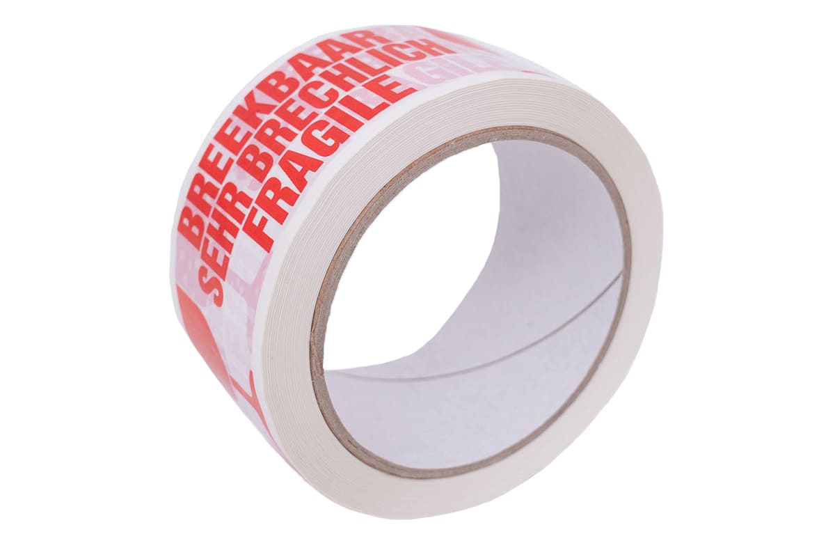 PVC tape 50mm x 66m ''breekbaar' wit/rood - 3 talen