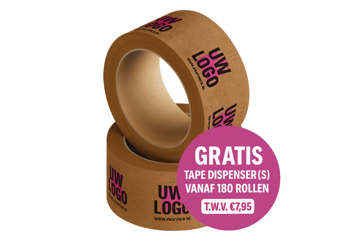 Bedrukte papieren tape bruin - 50mm x 50m (1 kleur)