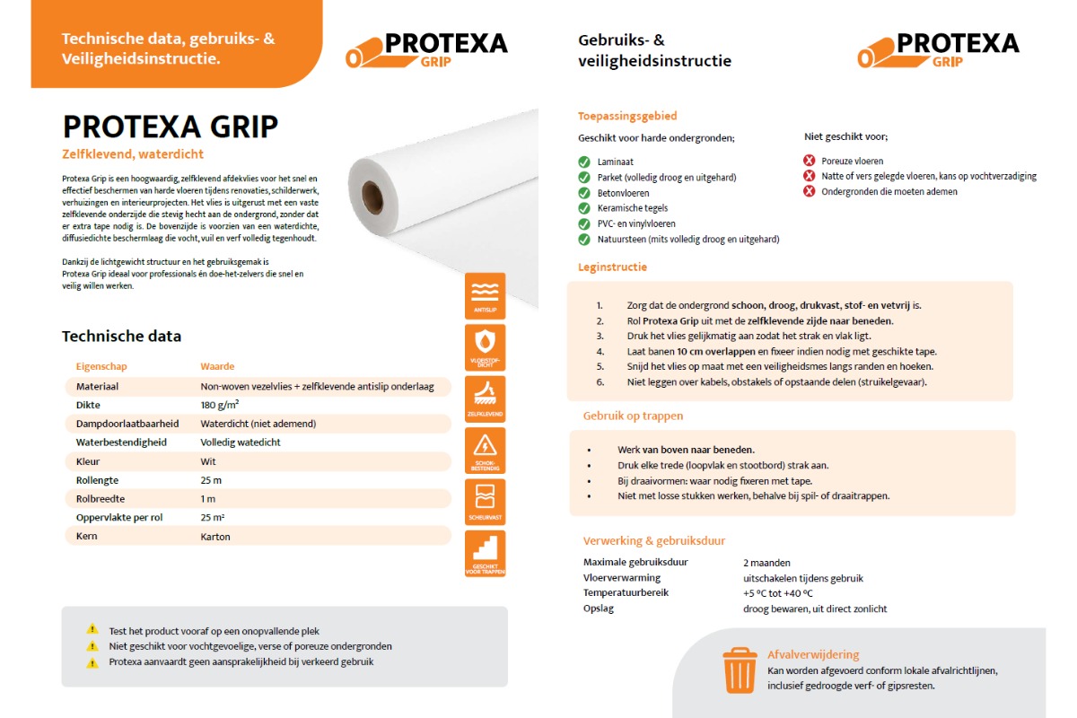 Protexa Grip Vloer afdekvlies wit - 100cm x 25m (180gr/m²)